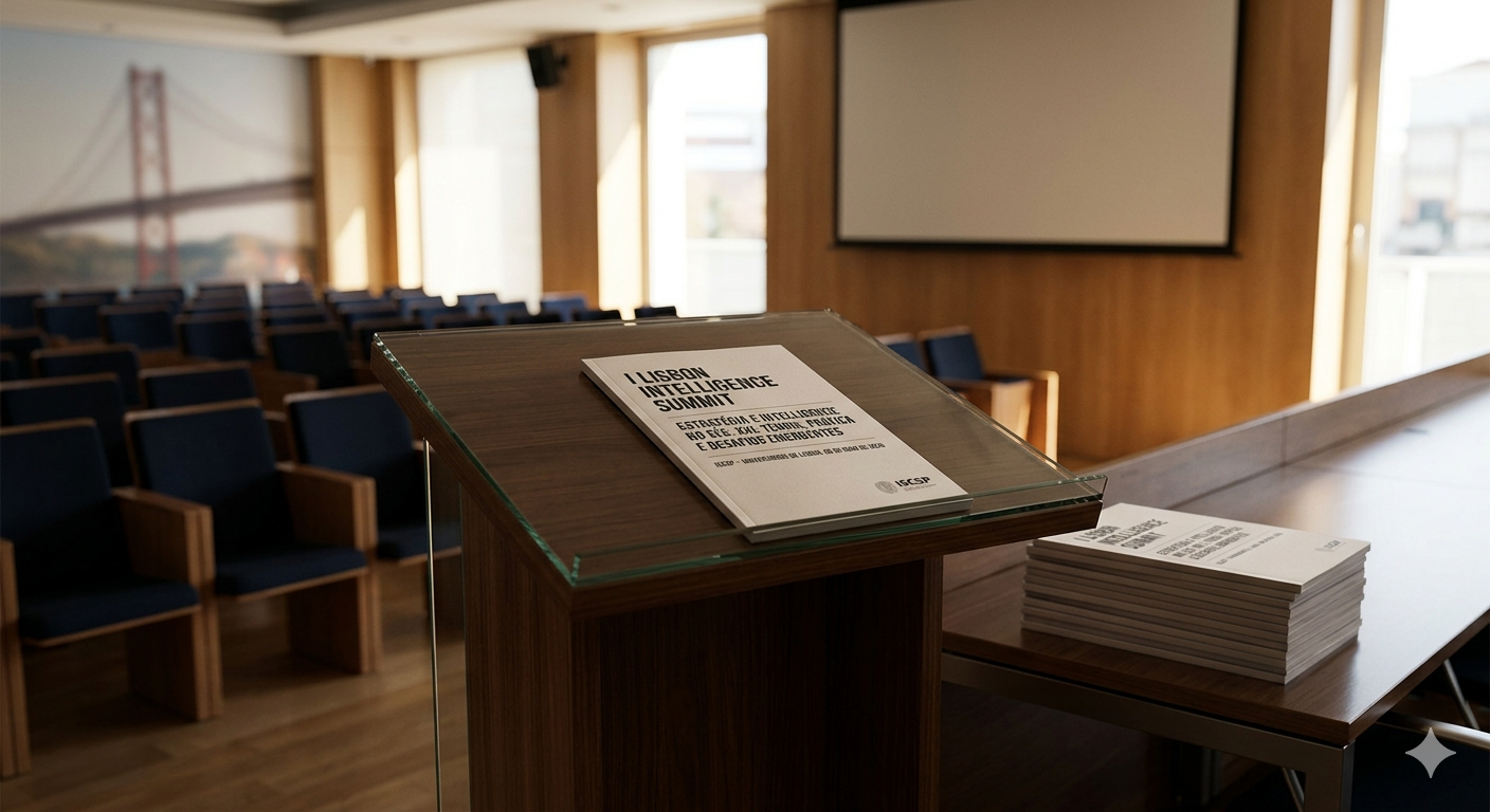Uma fotografia realista de um auditório vazio no ISCSP-ULisboa. No centro, um púlpito de madeira exibe um folheto com o título: 'I Lisbon Intelligence Summit: Estratégia e Intelligence no Século XXI'. Ao fundo, vê-se uma imagem da Ponte 25 de Abril.
